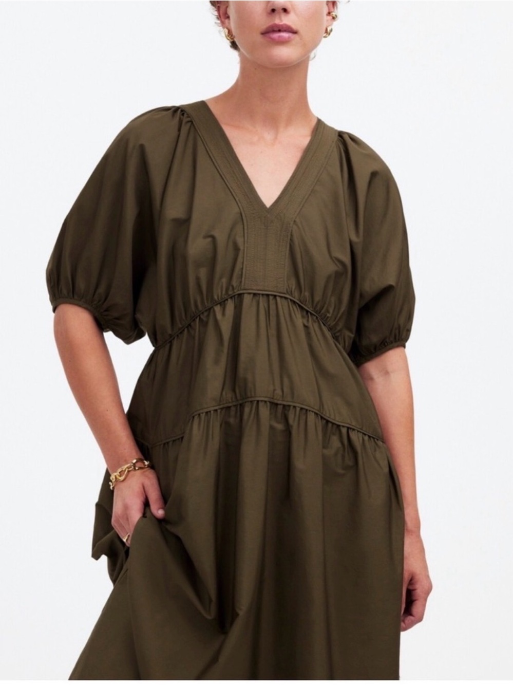 Madewell Olive Green Midi Dress XXS Puff Sleeve Cotton Tiered Boho Cottagecore